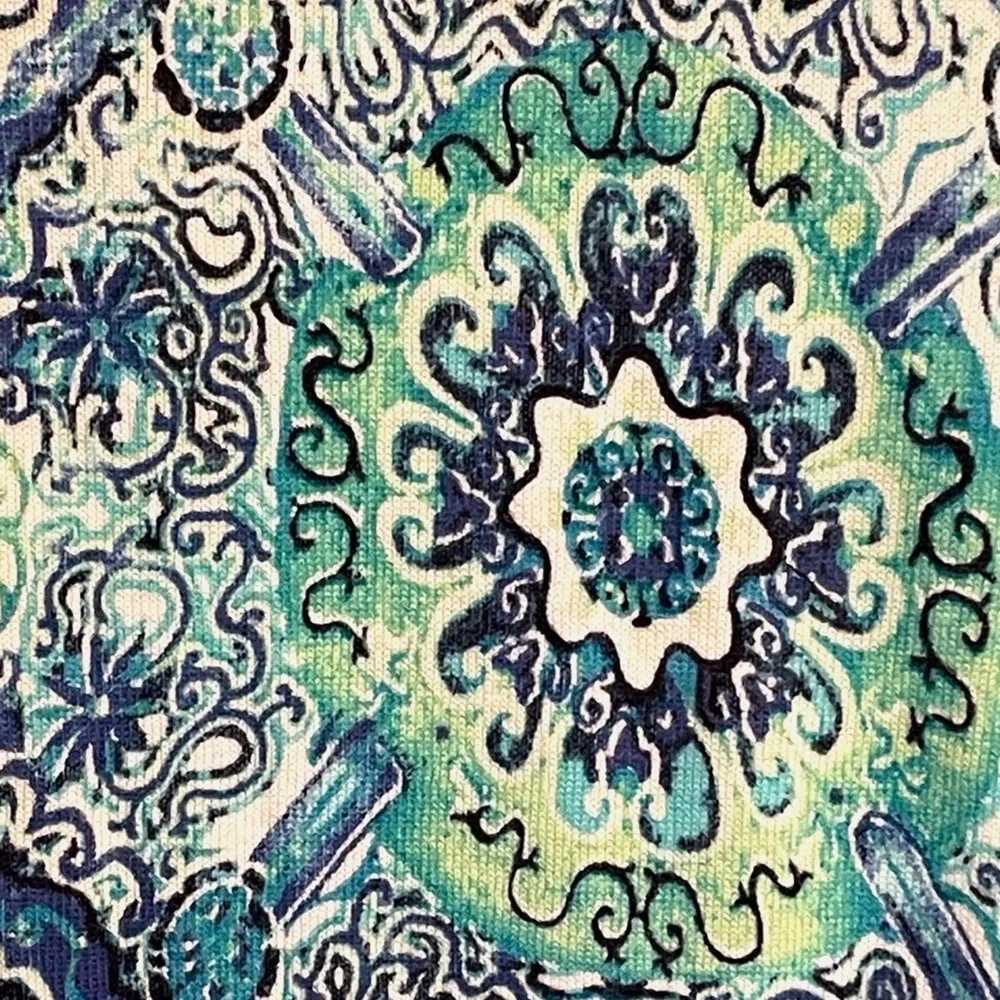 Talbots Medallion Print Lightweight Sweater XL Blue Green Roll Tab Sleeve Top